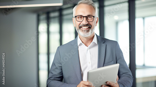 Portrait of mature man in office with tablet, smile and research for business website, online report or social media. Smiling mature corporate manager standing at office, looking at camera. 