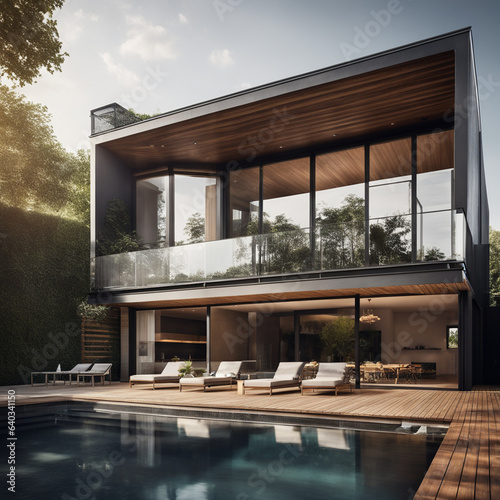 Comfortable modern house with a flat roof, illuminated by the setting sun, in modern style with large windows and a swimming pool near the house. © Iuliia