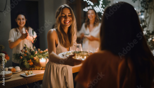 Vászonkép A young woman warmly welcomes guests to her dinner party, embodying candid hospitality