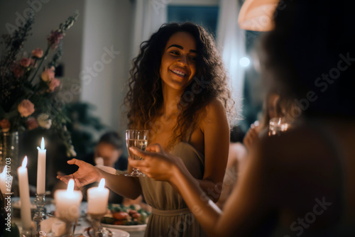 A young woman warmly welcomes guests to her dinner party, embodying candid hospitality. The atmosphere is filled with social celebration as friends gather to enjoy a special evening.