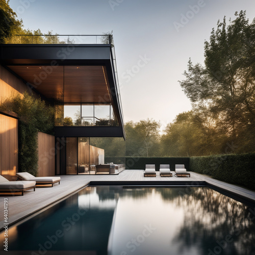 Comfortable modern house with a flat roof, illuminated by the setting sun, in modern style with large windows and a swimming pool near the house.
