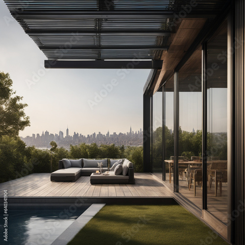 Comfortable modern house with a flat roof, illuminated by the setting sun, in modern style with large windows and a swimming pool near the house.