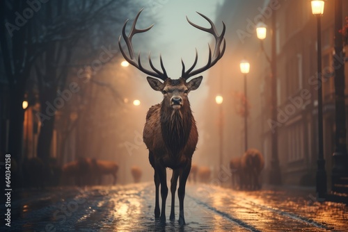 The deer walks along the street of the evening city. Destruction of the natural habitat of animals photo