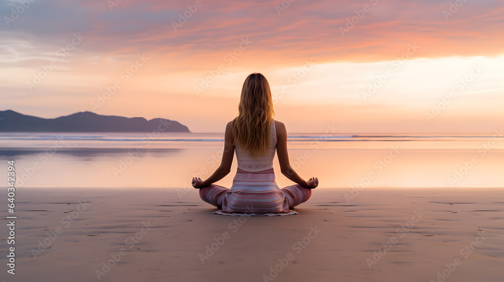 Back view of young woman doing yoga at beach during sunset