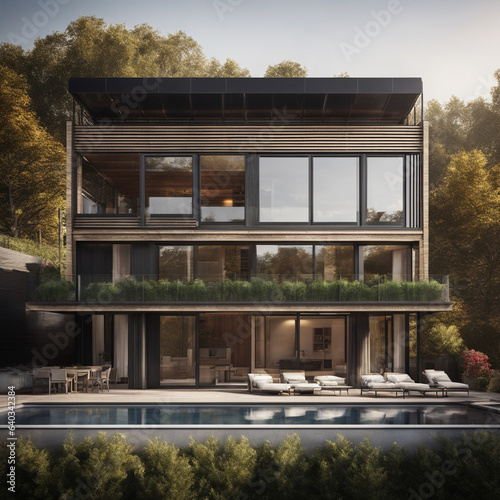 Comfortable modern house with a flat roof, illuminated by the setting sun, in modern style with large windows and a swimming pool near the house.