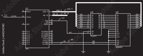 Vector electrical schematic diagram. Connecting external memory to the microcontroller. EEPROM timing.
