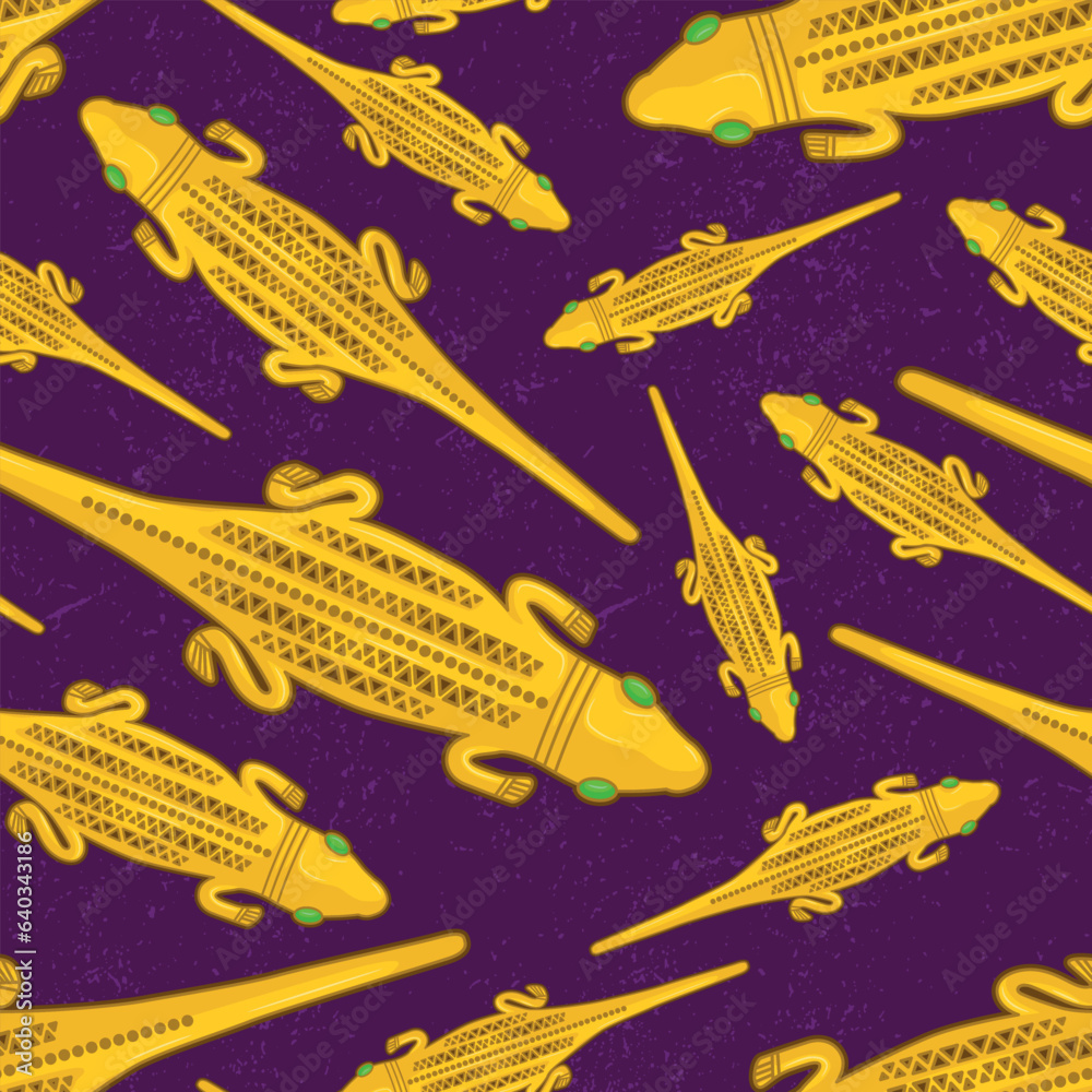 Naklejka premium Beautiful colombian ancient indigenous Lizard representation seamless pattern over a violet worn out background