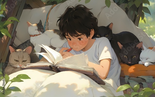a boy reading a book with his cat curled up beside him