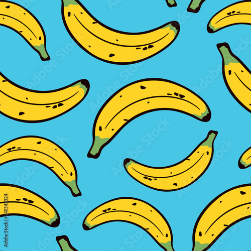 Modern banana fruit seamless pattern with light blue background