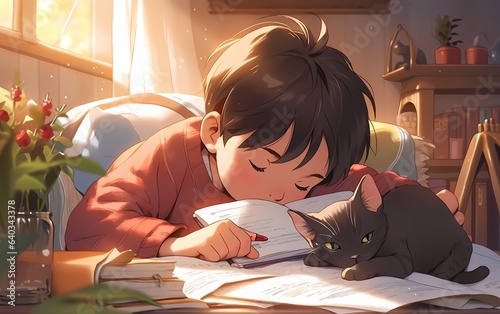 a boy reading a book with his cat curled up beside him