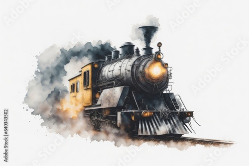 Old train isolated on white watercolor painting background. ai generative