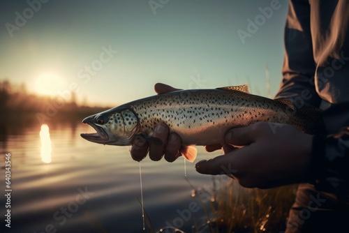 Man holding trout morning. Generate Ai