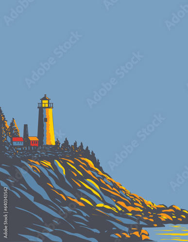 WPA poster art of Pemaquid Point Light, a lighthouse located in Bristol, Lincoln County at the tip of Pemaquid Neck, Maine, United States done in works project administration or Art Deco style.
