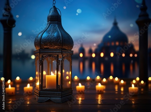 Muslim lantern with candles on the background in the night © olegganko