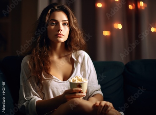 Happy young woman watching movie in her kitchen at home with popcorn