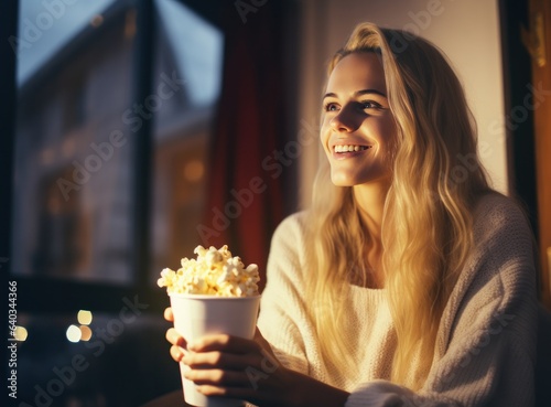 Happy young woman watching movie in her kitchen at home with popcorn