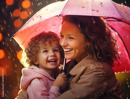 Mom and child in the rainy weather