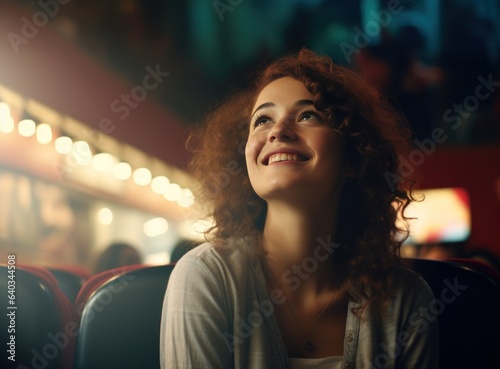 Happy young woman watching movie in her kitchen at home with popcorn
