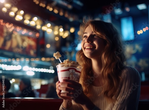 Happy young woman watching movie in her kitchen at home with popcorn