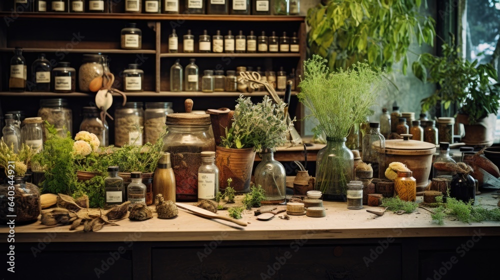 Herbal apothecary aesthetic concept. Natural dried plants herbs, spices, flowers ingredients in vintage inspired pharmacy. Organic alternative medicine. AI illustration..