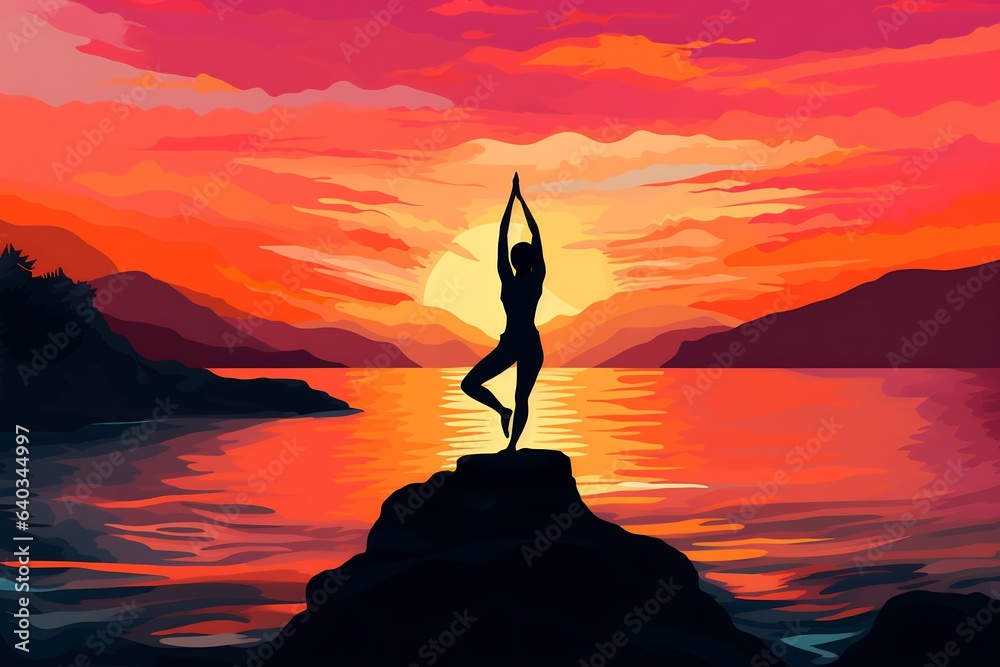 yoga pose at the beach. silhouette at the sunrise. animated