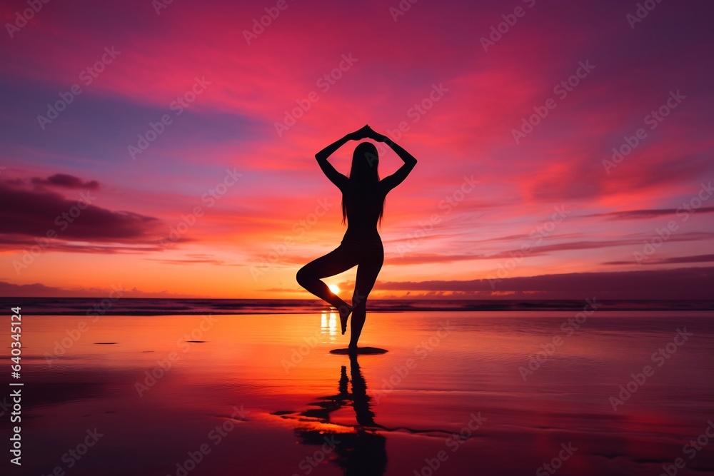 yoga relaxation pose at the beach. sunset. practice. silhouette. health