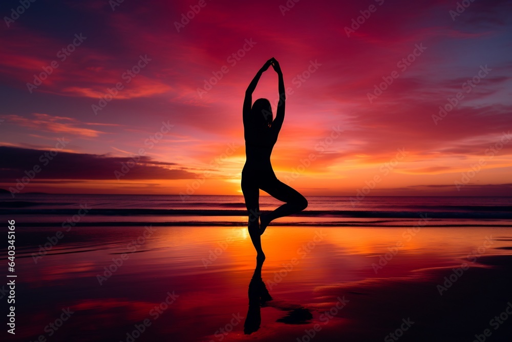fitness yoga model on beach. silhouette exercise. fit. healthy. isolated background