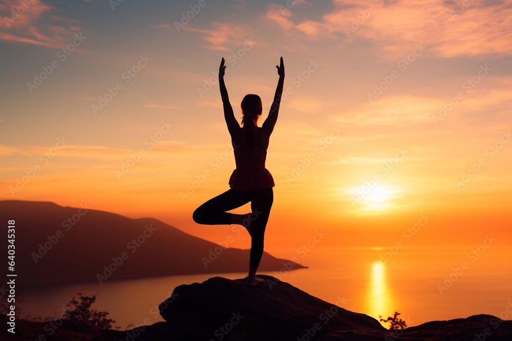 Yoga pose silhouette on the landscape. wilderness. zen. meditative.