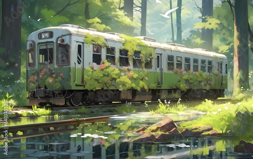 abandoned train car overtaken by vibrant green moss