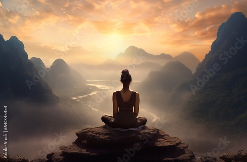 Meditation pose on the hill. sunset time. female model. buddhism.