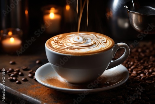 Cappuccino coffee in beautiful cup on the table favorite cup of coffee concept. AI Generated