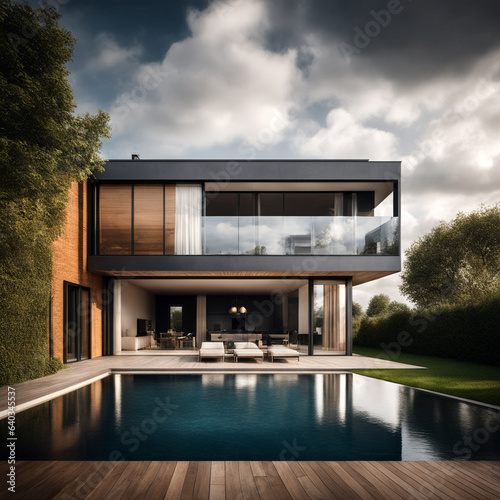 Comfortable modern house with a flat roof, illuminated by the setting sun, in modern style with large windows and a swimming pool near the house.