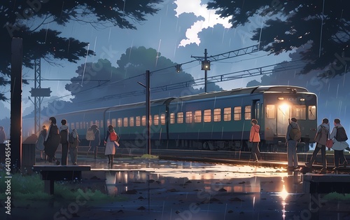 train waiting at a station platform as rain pours down