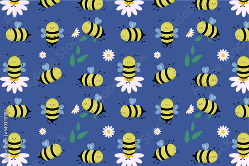 seamless pattern cute bees in different poses with cartoon style
