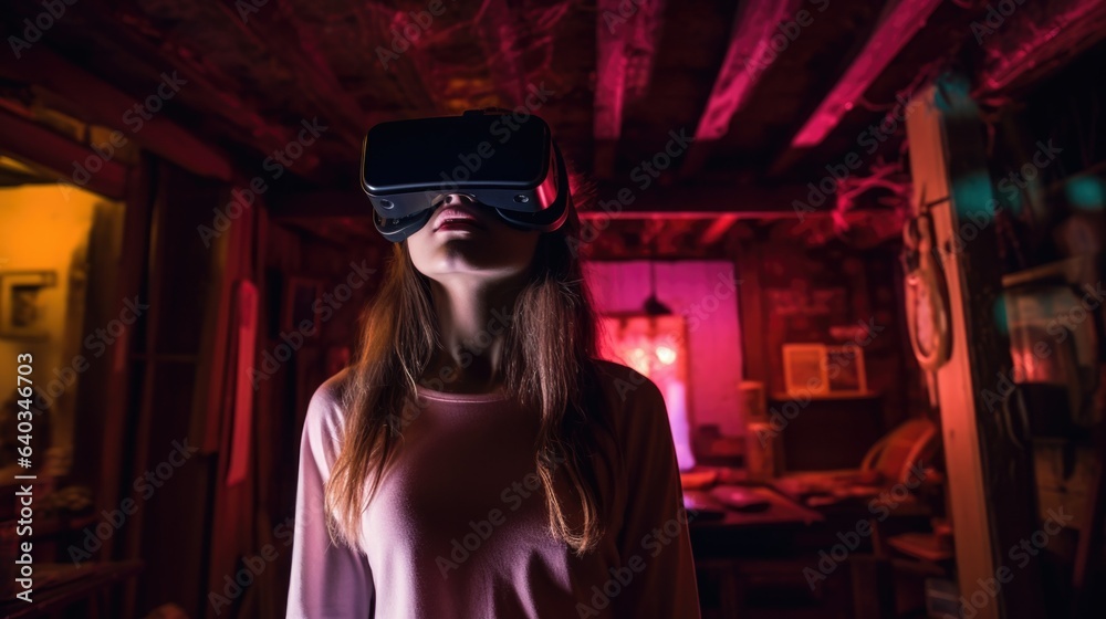 Fototapeta premium Teenage girl wearing virtual reality glasses stands at home. Female user of modern VR device plays digital video game in darkened room with bright pink neon light in wooden house. Realistic gaming