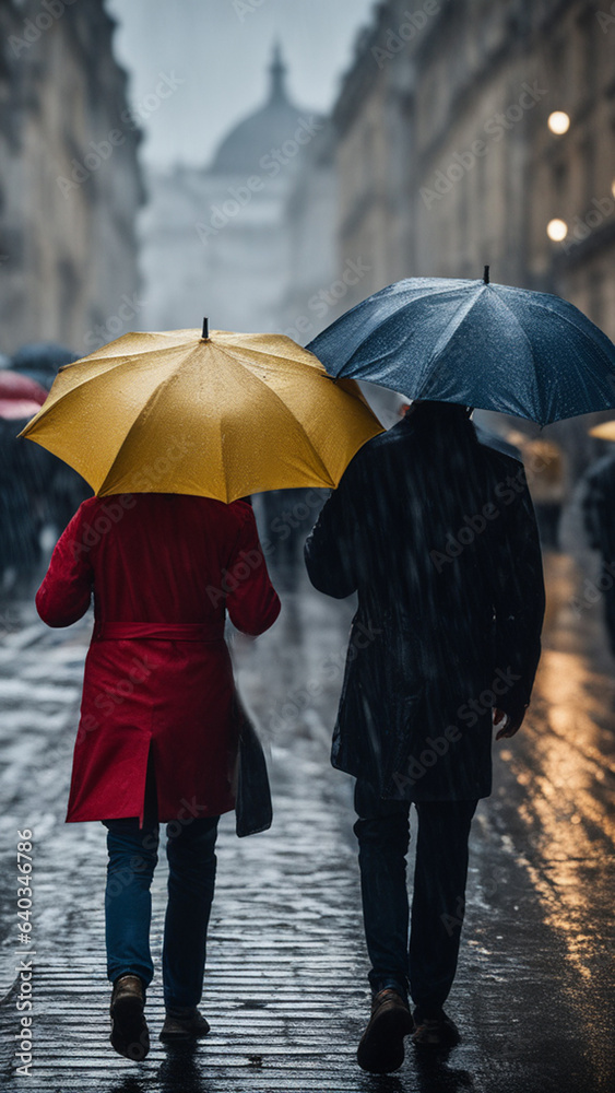 Two people, a man and a woman, walk along a city street in the rain under yellow and blue umbrellas. View from the back. 