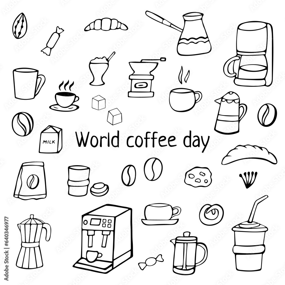 Doodle world coffee day, hand drawn coffee background