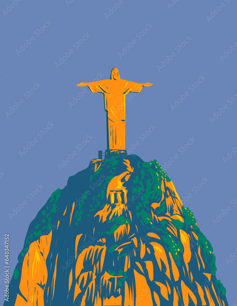 WPA poster art of Christ the Redeemer on top Corcovado mountain within Tijuca National Park in Rio de Janeiro in Brazil done in works project administration or Art Deco style.
