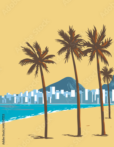 WPA poster art of Copacabana beach in the South Zone of the city of Rio de Janeiro in Brazil done in works project administration or Art Deco style.
