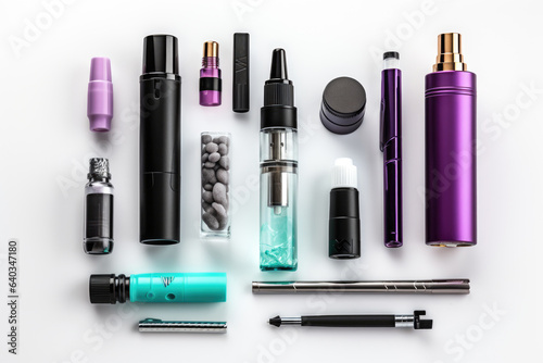 Different electronic cigarettes on white background, flat lay. Smoking alternative. AI Generated