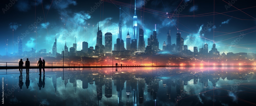 Obraz premium Urban Night Glows with Neon Lights. Aerial Digital Symmetry.
