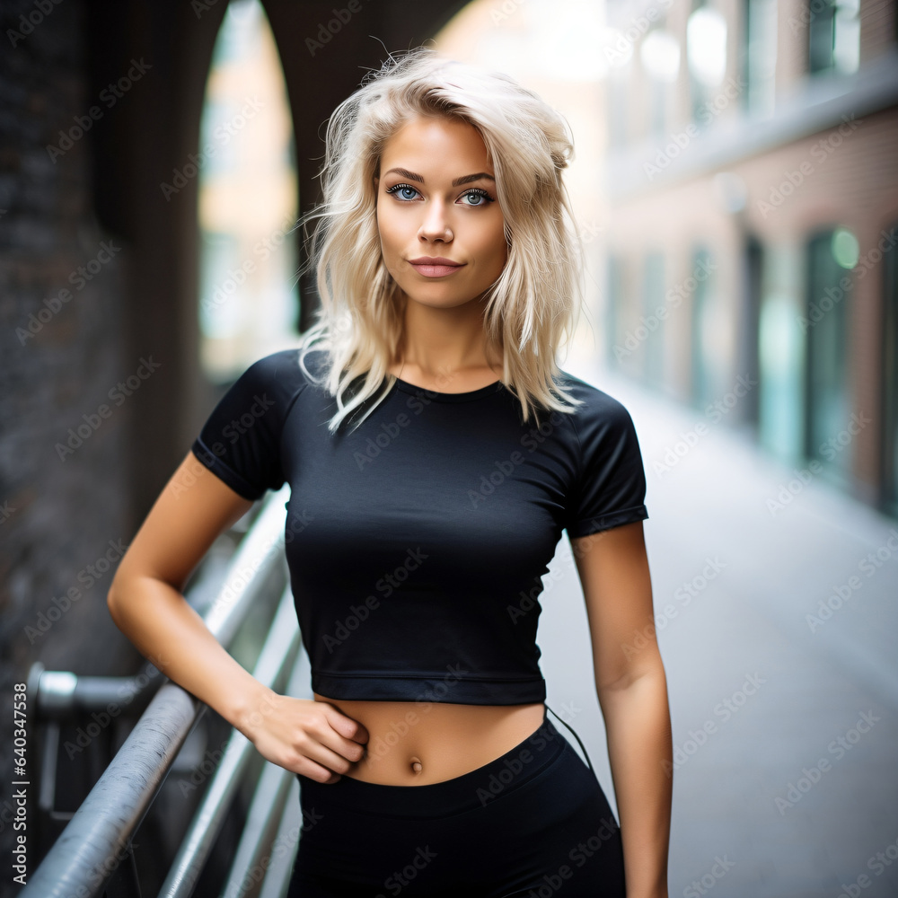 Swedish fitness model woman wearing sport clothes during exercise. 