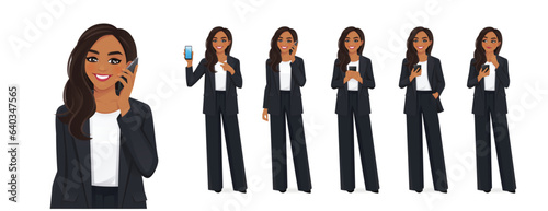 Portrait of Indian beautiful business woman holding mobile phone, talking, texting and showing empty screen isolated set vector illustration