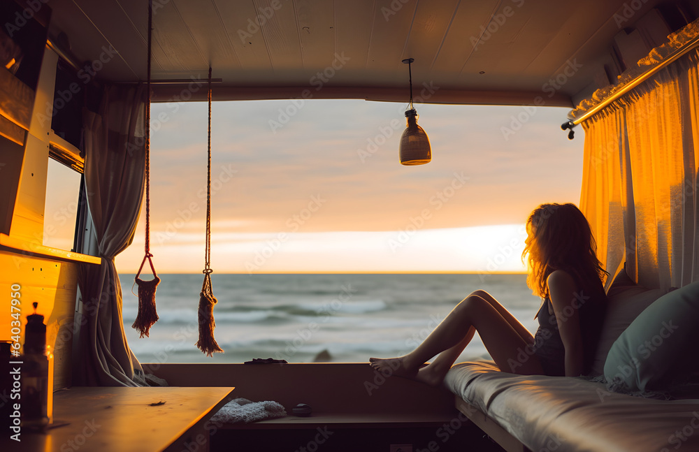 Beach scene and girl inside the camper van at sunset.