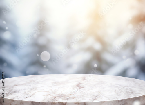 Abstract empty marble table top with copy space over christmas winter bokeh blurred light background © Pemika