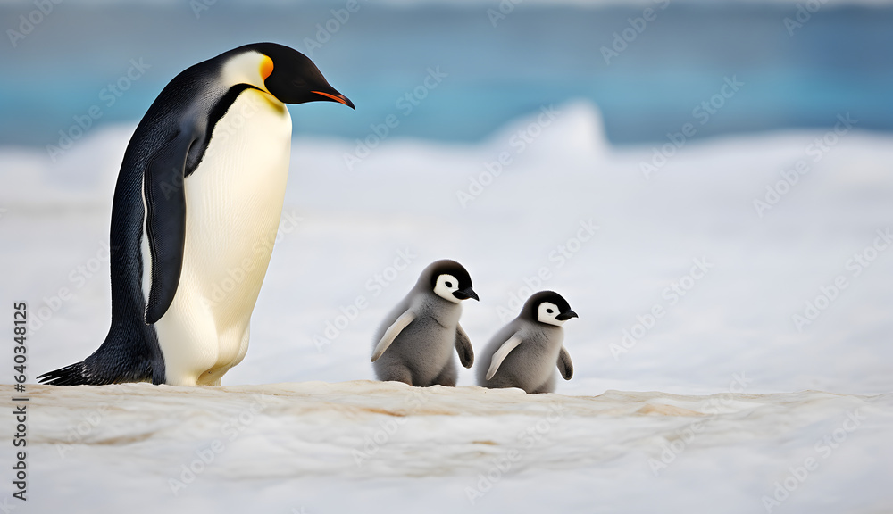 Fototapeta premium Dad or mom and baby penguins. Father love, bond and parenting concept.