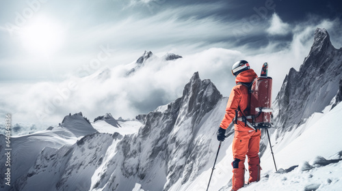 He stands confidently at the base of a snow-covered mountain, expertly poised to ski down the slopes.