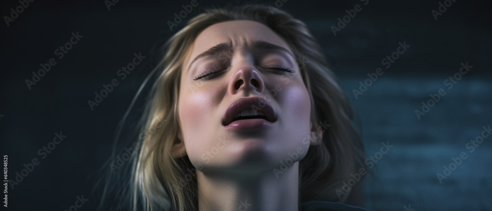 Top view of a beautiful sensual woman getting sexual pleasure, erotica and orgasm. Sensual sexy caucasian woman with open mouth and closed eyes enjoying lying in bed for sex. Generative ai - obrazy, fototapety, plakaty 