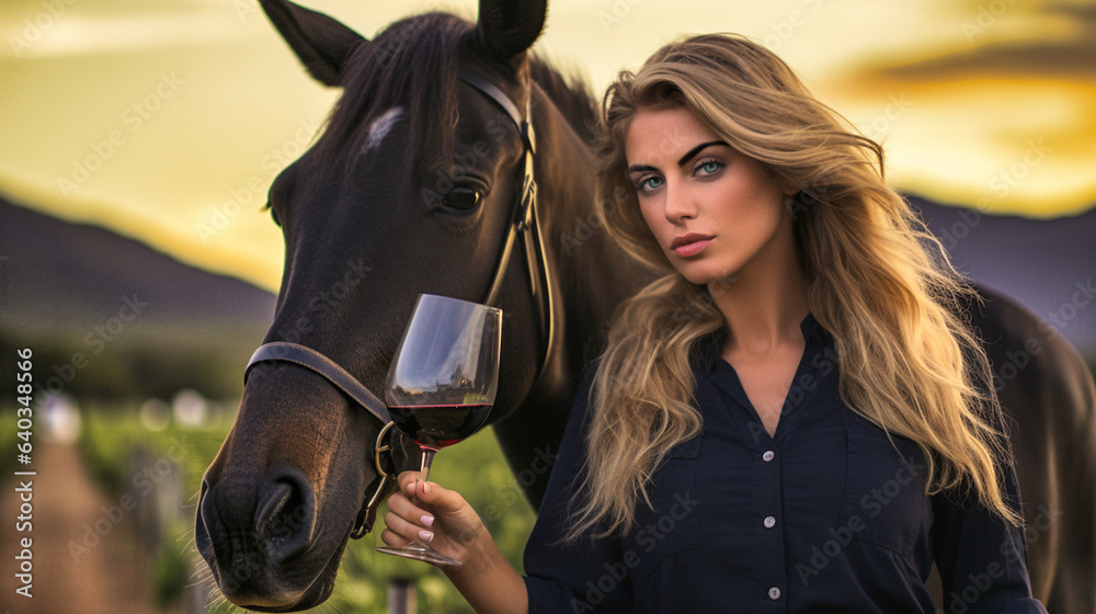 Obraz premium Woman in the field, red wine glass