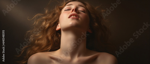 Top view of a beautiful sensual woman getting sexual pleasure, erotica and orgasm. Sensual sexy caucasian woman with open mouth and closed eyes enjoying lying in bed for sex. Generative ai